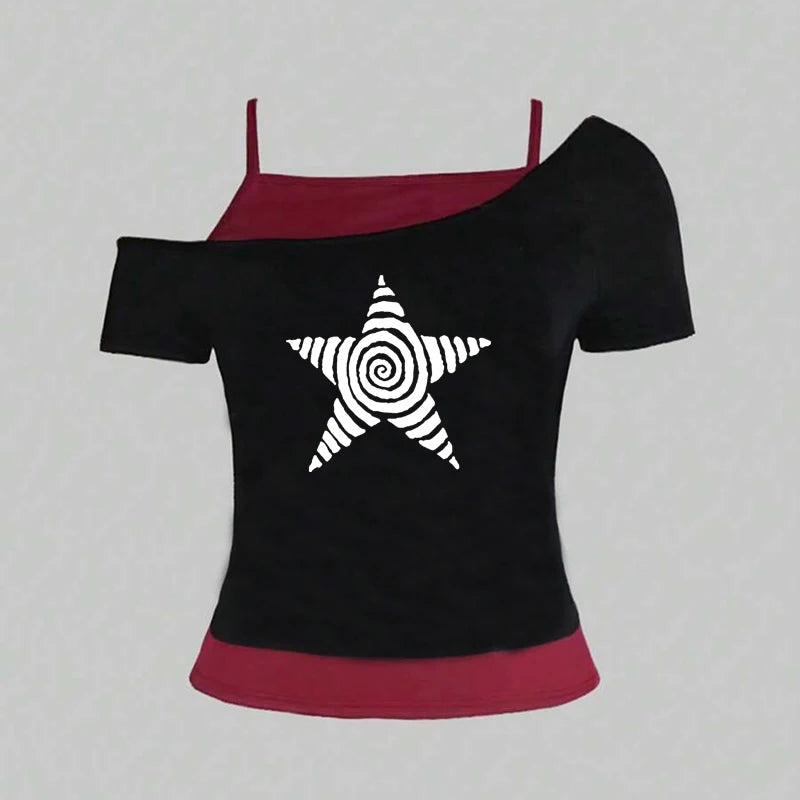 Camiseta casual de verão Y2K, estilo retrô de rua, com decote halter, conjunto de duas peças falsas, estilo de rua moderno