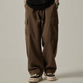 Calça de moletom masculina  primavera outono vintage japonesa perna larga reta solta botão bolsos grandes calças cargo calças com cordão