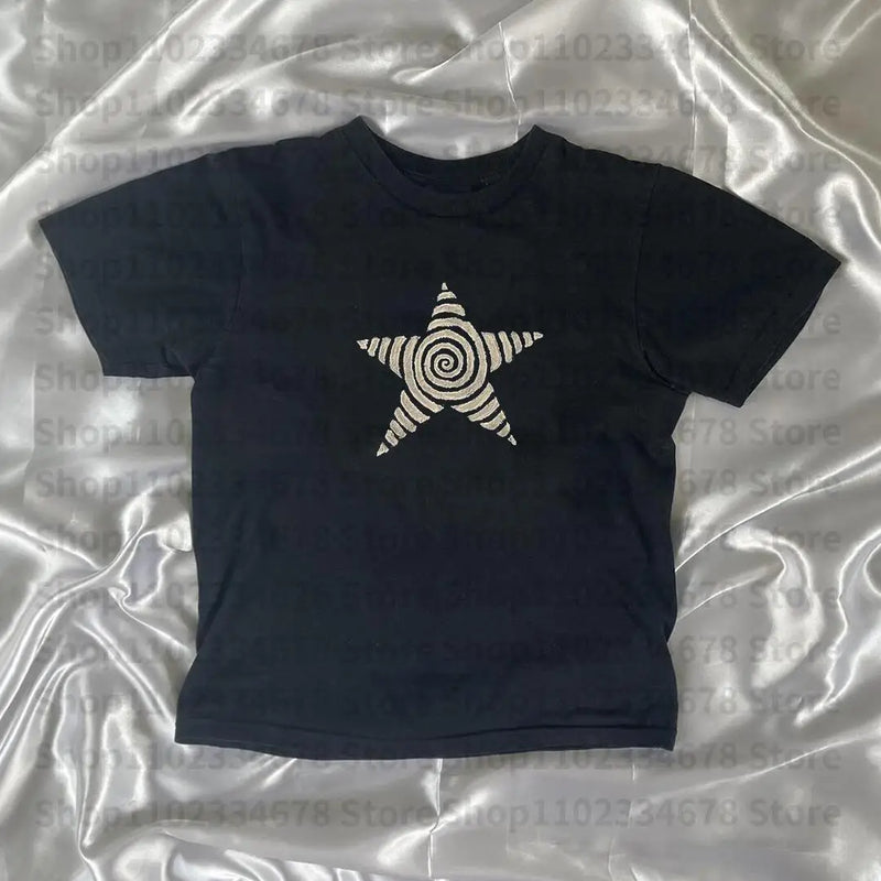 Camiseta estética gótica punk streetwear feminina casual anos 90 vintage grunge estrela estampa gráfica manga curta top curto Y2K meninas emo