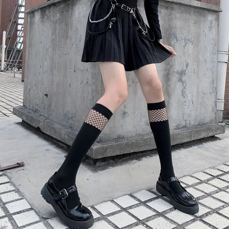 Meias de cano alto com fenda na rua, meias arrastão de renda com tiras, meias de cano alto estilo japonês JK para meninas, meias longas até o joelho Lolita