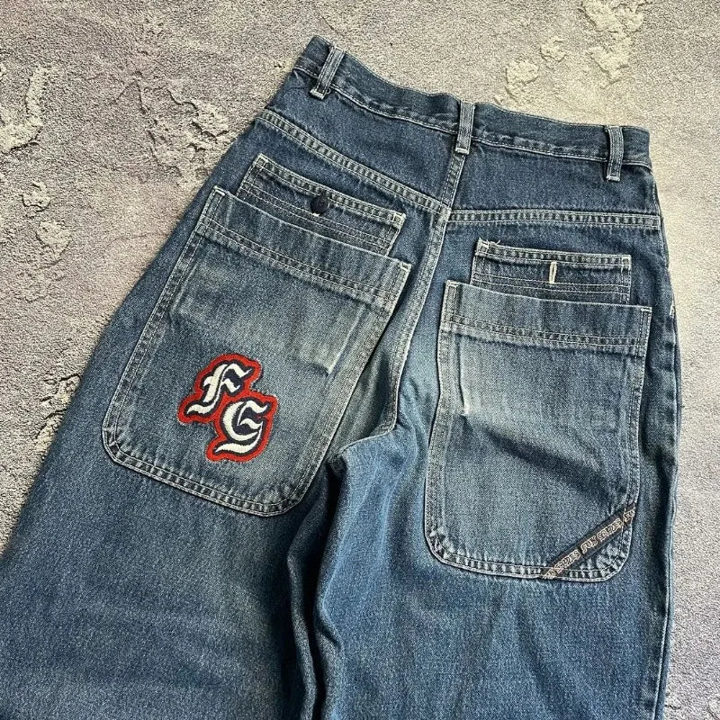 Calças jeans largas pretas bordadas com letras hip-hop Harajuku Y2K para homens e mulheres, moda retrô, nova tendência esportiva