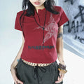Crop top Harajuku estilo japonês com estampa de estrelas, gola redonda, manga curta, camiseta gráfica Y2K, roupas femininas, moda urbana