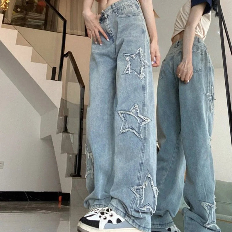 Calça jeans feminina retrô americana de rua, primavera e outono, novo design, bordado, cintura alta, fina, perna larga, maré