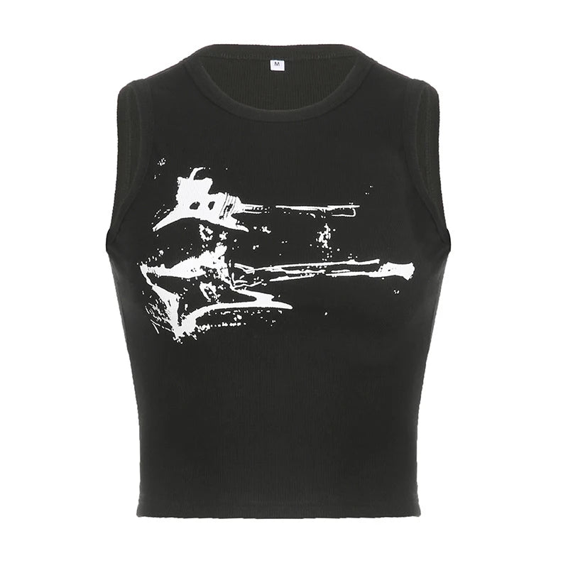 Regata sem mangas com estampa de guitarra Y2K casual canelada feminina grunge cropped top Harajuku moda colete camiseta roupas de rua dos anos 90
