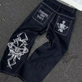 Street Fashion Trend Skull Embroidered Jeans Women Harajuku Y2K New Hip Hop Joker Straight Wide-leg Pants Couple Casual Jeans